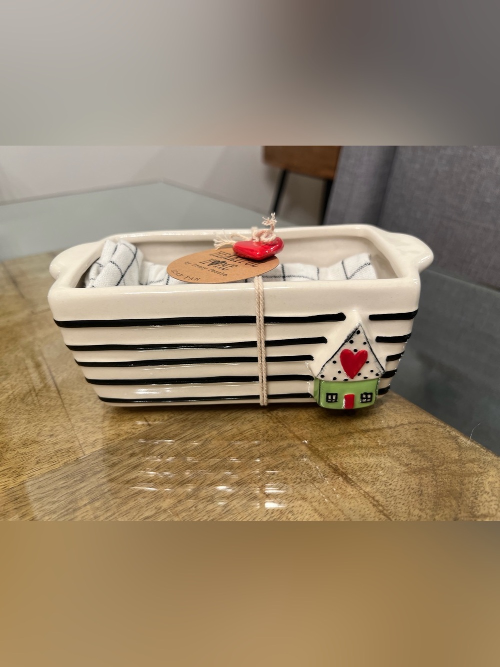 Demdaco Striped Ceramic Loaf Pan with Heart House Accent